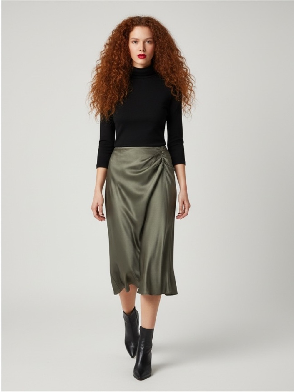 Status Olive Green Satin Ruched Midi Skirt - Size M